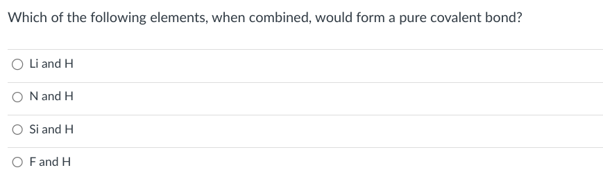 Which of the following elements, when combined, would form a pure covalent bond?
Li and H
N and H
O Si and H
F and H