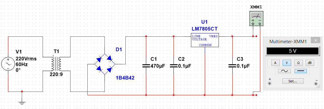 XMM1
U1.
LM7805CT
LINE
.VREG
VOLTAGE
Multimeter-XMM1
COMMON
D1
V1
T1
5 V
220Vrms
60HZ
.0°
C1
C2
C3
A
V
dB
=470µF =0.1µF.
#0.1µF
220:9
1B4B42
Set...
