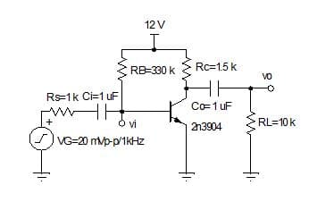 12 V
RB-330 k
Rc=1.5 k
vo
Rs=1k Ci=1 uF
C=1 uF
vi
213904
RL=10 k
VG-20 mvp-p/1KHZ
