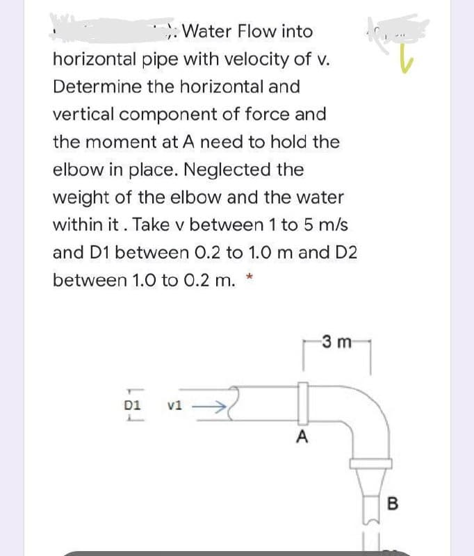 : Water Flow into
horizontal pipe with velocity of v.
Determine the horizontal and
vertical component of force and
the moment at A need to hold the
elbow in place. Neglected the
weight of the elbow and the water
within it . Take v between 1 to 5 m/s
and D1 between 0.2 to 1.0 m and D2
between 1.0 to 0.2 m.
3 m
D1
v1
A
В
