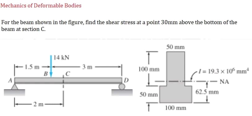 Mechanics of Deformable Bodies
For the beam shown in the figure, find the shear stress at a point 30mm above the bottom of the
beam at section C.
50 mm
14 kN
T
1.5 m
3m
100 mm
с
I 19.3 x 10 mm²
ΝΑ
62.5 mm
50 mm
T
B
2m-
100 mm