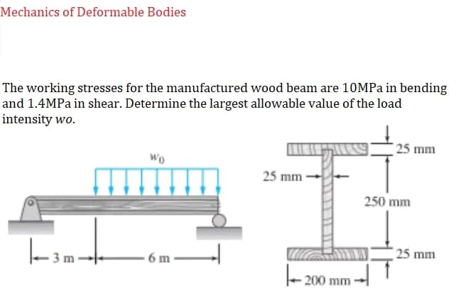 Mechanics of Deformable Bodies
The working stresses for the manufactured wood beam are 10MPa in bending
and 1.4MPa in shear. Determine the largest allowable value of the load
intensity wo.
25 mm
WO
25 mm
3 m
6 m
200
200 mm
250 mm
25 mm