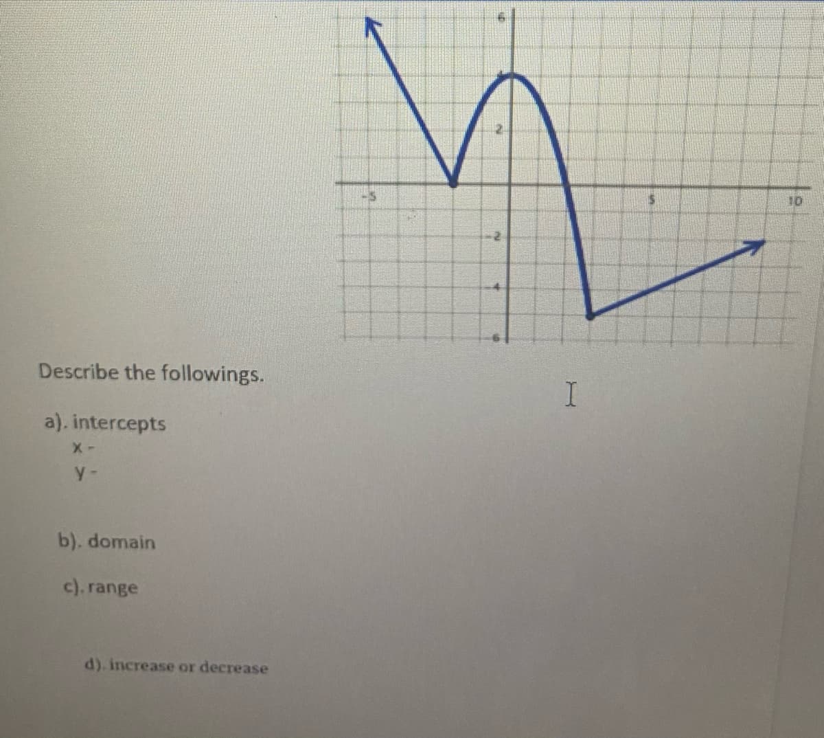 10
Describe the followings.
a). intercepts
X -
y-
b). domain
c). range
d). increase or decrease
