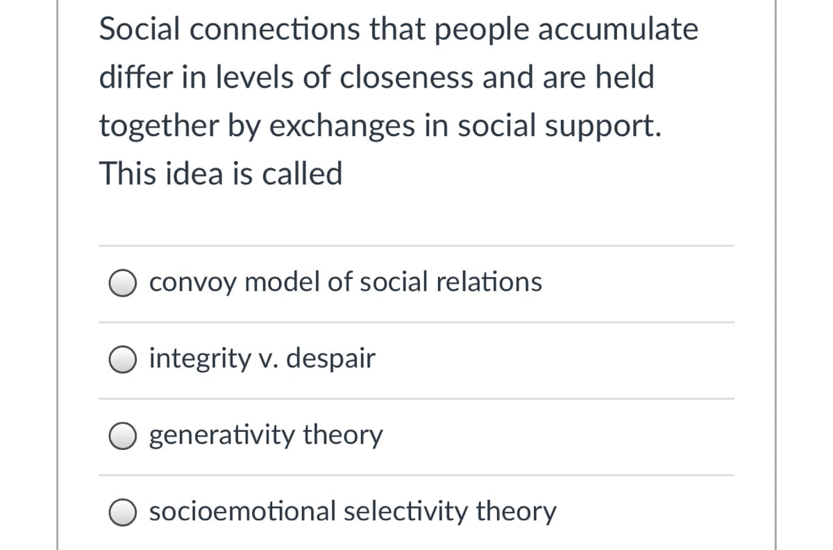 ### Social Connections and Social Support

Social connections that people accumulate differ in levels of closeness and are held together by exchanges in social support. This idea is called:

- **convoy model of social relations**
  
- **integrity v. despair**
  
- **generativity theory**
  
- **socioemotional selectivity theory**

This concept is significant in understanding how our social networks and relationships evolve and provide support throughout life. Each theory or model reflects a different aspect of social and emotional development and support systems. Select the concept that best fits the description in your studies on social psychology and human development.