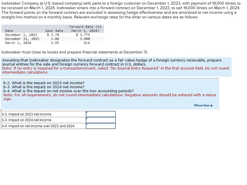 Icebreaker Company (a U.S.-based company) sells parts to a foreign customer on December 1, 2023, with payment of 19,000 dinars to
be received on March 1, 2024. Icebreaker enters into a forward contract on December 1, 2023, to sell 19,000 dinars on March 1, 2024.
The forward points on the forward contract are excluded in assessing hedge effectiveness and are amortized to net income using a
straight-line method on a monthly basis. Relevant exchange rates for the dinar on various dates are as follows:
Date
December 1, 2023
December 31, 2023
March 1, 2024
Spot Rate
$ 3.70
3.80
3.95
Forward Rate (to
March 1, 2024)
$ 3.775
3.900
N/A
Icebreaker must close its books and prepare financial statements at December 31.
Assuming that Icebreaker designates the forward contract as a fair value hedge of a foreign currency receivable, prepare
journal entries for the sale and foreign currency forward contract in U.S. dollars.
Note: If no entry is required for a transaction/event, select "No Journal Entry Required" in the first account field. Do not round
intermediate calculations.
b-2. What is the impact on 2023 net income?
b-3. What is the impact on 2024 net income?
b-4. What is the impact on net income over the two accounting periods?
Note: For all requirements, do not round intermediate calculations. Negative amounts should be entered with a minus
sign.
b-2. Impact on 2023 net income
b-3. Impact on 2024 net income
b-4. Impact on net income over 2023 and 2024
Show less