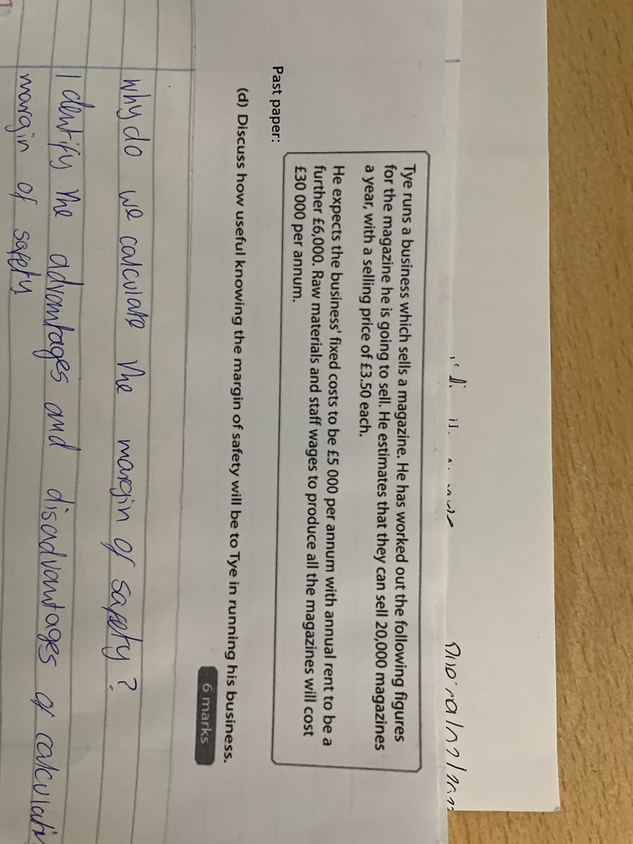 Tye runs a business which sells a magazine. He has worked out the following figures
for the magazine he is going to sell. He estimates that they can sell 20,000 magazines
a year, with a selling price of £3.50 each.
He expects the business' fixed costs to be £5 000 per annum with annual rent to be a
further £6,000. Raw materials and staff wages to produce all the magazines will cost
£30 000 per annum.
Past paper:
(d) Discuss how useful knowing the margin of safety will be to Tye in running his business.
6 marks
why do
we calculate he
maregin of sapety ?
| dent fs Yhe advantages and discadvand ages f cekculahr
morgin of safety
disadvantages g calculatr
