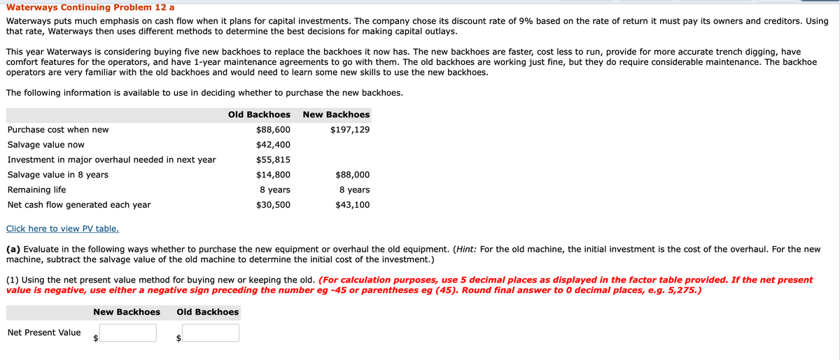 Waterways Continuing Problem 12 a
Waterways puts much emphasis on cash flow when it plans for capital investments. The company chose its discount rate of 9% based on the rate of return it must pay its owners and creditors. Using
that rate, Waterways then uses different methods to determine the best decisions for making capital outlays.
This year Waterways is considering buying five new backhoes to replace the backhoes it now has. The new backhoes are faster, cost less to run, provide for more accurate trench digging, have
comfort features for the operators, and have 1-year maintenance agreements to go with them. The old backhoes are working just fine, but they do require considerable maintenance. The backhoe
operators are very familiar with the old backhoes and would need to learn some new skills to use the new backhoes.
The following information is available to use in deciding whether to purchase the new backhoes.
Old Backhoes
New Backhoes
Purchase cost when new
$88,600
$197,129
Salvage value now
$42,400
Investment in major overhaul needed in next year
$55,815
Salvage value in 8 years
$14,800
$88,000
Remaining life
8 years
8 years
Net cash flow generated each year
$30,500
$43,100
Click here to view PV table.
(a) Evaluate in the following ways whether to purchase the new equipment or overhaul the old equipment. (Hint: For the old machine, the initial investment is the cost of the overhaul. For the new
machine, subtract the salvage value of the old machine to determine the initial cost of the investment.)
(1) Using the net present value method for buying new or keeping the old. (For calculation purposes, use 5 decimal places as displayed in the factor table provided. If the net present
value is negative, use either a negative sign preceding the number eg -45 or parentheses eg (45). Round final answer to 0 decimal places, e.g. 5,275.)
New Backhoes
Old Backhoes
Net Present Value
2$
