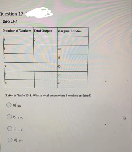 Question 17 (
Table 13-1
Number of Workers Total Output
13
5
a) 90
b) 185
Oc) -10
Marginal Product
d) 225
30
45
Refer to Table 13-1. What is total output when 5 workers are hired?
50
40