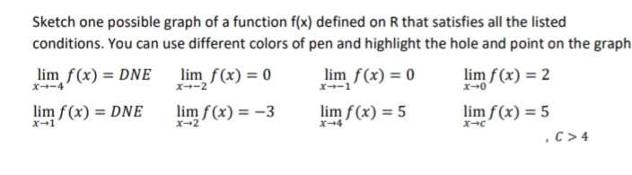 Sketch one possible graph of a function f(x) defined on R that satisfies all the listed
conditions. You can use different colors of pen and highlight the hole and point on the graph
lim f(x) = DNE
lim_f(x) = 0
lim f(x) = 0
lim f(x) = 2
x--4
X-2
X-1
x-0
lim f(x) = DNE
lim f (x) = –3
lim f (x) = 5
lim f(x) = 5
,C> 4
X-1
X-2
x+4
