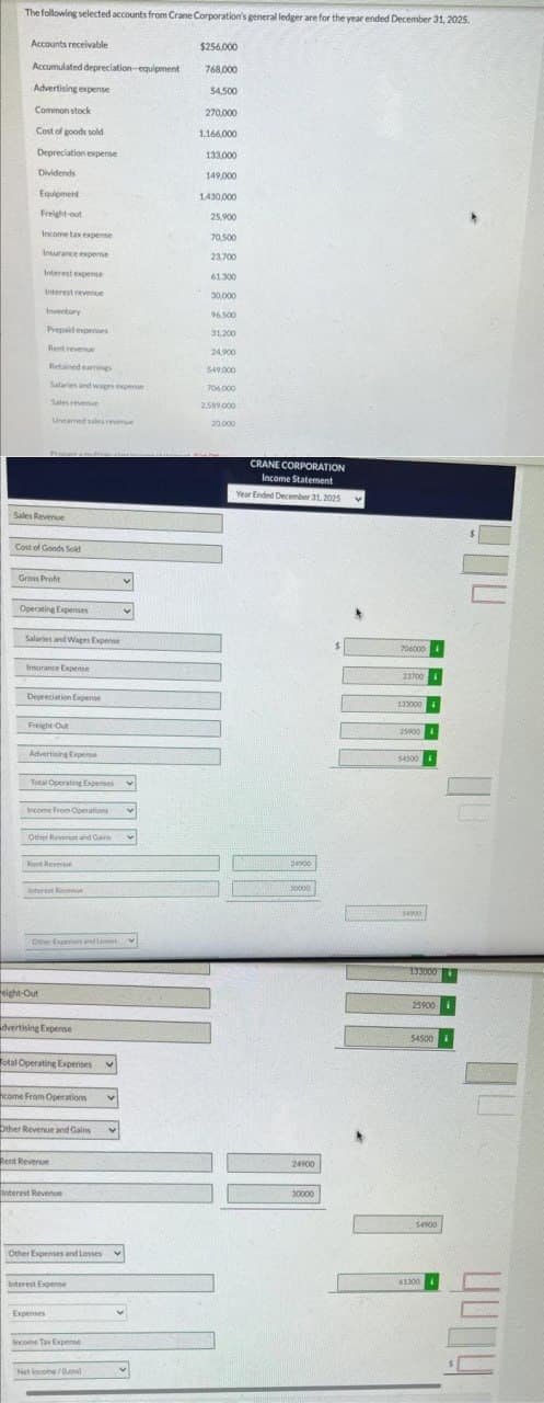 The following selected accounts from Crane Corporation's general ledger are for the year ended December 31, 2025.
Accounts receivable
Accumulated depreciation-equipment
Advertising expense
Common stock
Cost of goods sold
Depreciation expense
Dividends
Equipment
Freight-out
Income tax expense
Insurance expense
Interest expense
Interest revenue
Inventory
Prepaid expenses
Rent revenue
Retained earnings
Salaries and wages expense
Sales revenue
Unearned sales revenue
Sales Revenue
Cost of Goods Sold
Gross Profit
Operating Expenses
Salaries and Wages Expense
Insurance Expense
Depreciation Expense
Freight Out
Advertising Expense
Total Operating Expenses
Income From Operations
Other Revenue and Gaine
interest Reve
Other Expenses and Los
eight-Out
dvertising Expense
Total Operating Expenses v
come From Operations V
Other Revenue and Gains
Rent Revenue
Interest Revenue
Other Expenses and Losses
Interest Expense
Expenses
Income Tax Expeme
Net income/Low
v
V
v
V
4
$256,000
768,000
54,500
270,000
1,166.000
133.000
149,000
1,430,000
25,900
70.500
23,700
61.300
30,000
96.500
31,200
24,900
549,000
706.000
2509,000
20,000
CRANE CORPORATION
Income Statement
Year Ended December 31, 2025
24100
30000
24900
30000
706000
23700
133000
25900
54500
$4900
133000
25900 i
54500 i
$4900
61300
4004
E