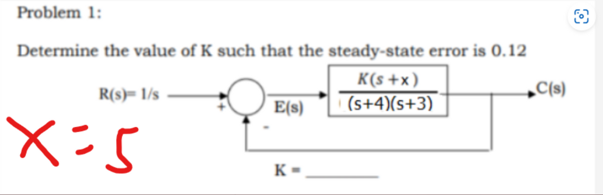 Problem 1:
Determine the value of K such that the steady-state error is 0.12
K(s+x)
(s+4)(s+3)
R(s)= 1/s
X=5
E(s)
K=
C(s)