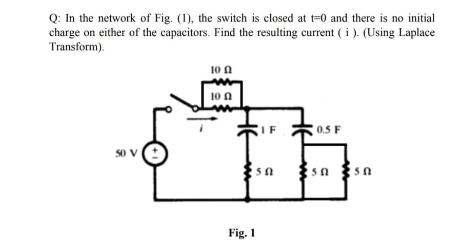 Q: In the network of Fig. (1), the switch is closed at t=0 and there is no initial
charge on either of the capacitors. Find the resulting current ( i ). (Using Laplace
Transform).
10 N
10 N
IF
0.5 F
50 V
Fig. 1
