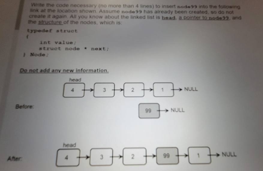 Write the code necessary (no more than 4 lines) to insert node99 into the following
link at the location shown. Assume node99 has already been created, so do not
create it again. All you know about the linked list is head. a pointer to node92, and
the structure of the nodes, which is:
typedef struct
(
After:
int value;
struct node* next;
} Node;
Do not add any new information.
head
+ }
3
Before:
head
2
10
99
4-08-0
2
99
NULL
NULL
NU
NULL