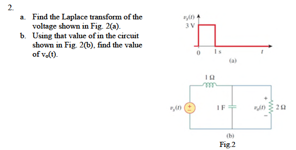 a. Find the Laplace transform of the
voltage shown in Fig. 2(a).
b. Using that value of in the circuit
shown in Fig. 2(b), find the value
of v.(t).
v,(1)
3 V
0 Is
(a)
IF
(b)
Fig.2
ww.
2.
