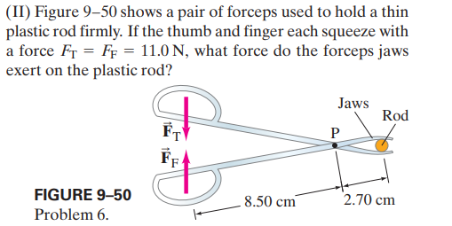 (II) Figure 9–50 shows a pair of forceps used to hold a thin
plastic rod firmly. If the thumb and finger each squeeze with
a force Fr = FF = 11.0 N, what force do the forceps jaws
exert on the plastic rod?
Jaws
Rod
Fr
P
FIGURE 9-50
8.50 cm
2.70 cm
Problem 6.
