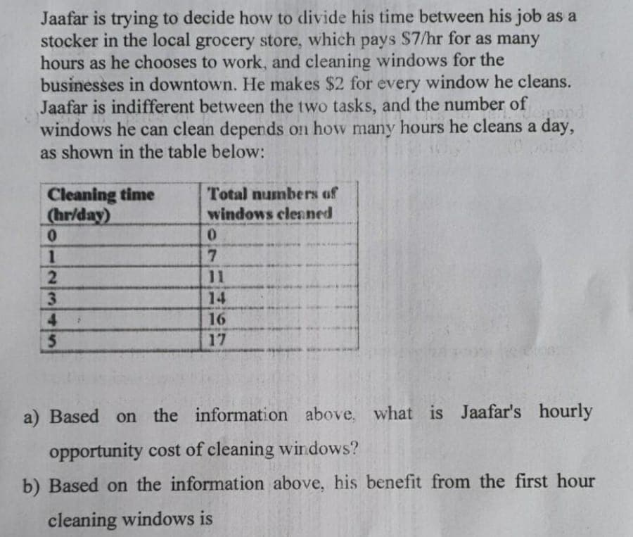 Jaafar is trying to decide how to divide his time between his job as a
stocker in the local grocery store, which pays $7/hr for as many
hours as he chooses to work, and cleaning windows for the
businesses in downtown. He makes $2 for every window he cleans.
Jaafar is indifferent between the two tasks, and the number of
windows he can clean depends on how many hours he cleans a day,
as shown in the table below:
Cleaning time
(hr/day)
0.
Total numbers of
windows cleaned
1
11
3.
4.
5.
14
16
17
a) Based
on the information above, what is Jaafar's hourly
opportunity cost of cleaning windows?
b) Based on the information above, his benefit from the first hour
cleaning windows is
