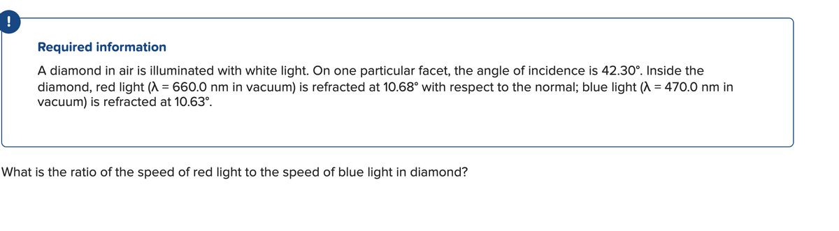 Required information
A diamond in air is illuminated with white light. On one particular facet, the angle of incidence is 42.30°. Inside the
diamond, red light (λ = 660.0 nm in vacuum) is refracted at 10.68° with respect to the normal; blue light (λ = 470.0 nm in
vacuum) is refracted at 10.63º.
What is the ratio of the speed of red light to the speed of blue light in diamond?