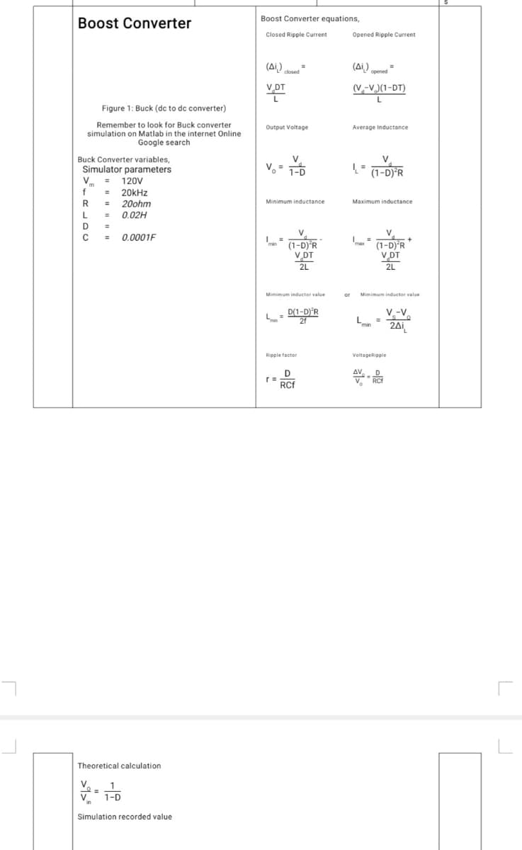 Boost Converter
Figure 1: Buck (dc to dc converter)
Remember to look for Buck converter
simulation on Matlab in the internet Online
Google search
Buck Converter variables,
Simulator parameters
Vm = 120V
f
= 20kHz
R
=
20ohm
L
= 0.02H
D
с
= 0.0001F
Theoretical calculation
V
V 1-D
Simulation recorded value
Boost Converter equations,
Closed Ripple Current
(A) closed
V DT
Output Voltage
V₂1-D
Minimum inductance
V
L=
(1-D) R
V.DT
2L
Mimimum inductor value
L
D(1-D)'R
2f
Ripple factor
r=
D
RCf
=
Opened Ripple Current
(A) opened
=
(V-V)(1-DT)
L
Average Inductance
|+
V
L = (1-D) R
Maximum inductance
max=
V
(1-D) R
V.DT
2L
or Mimimum inductor value
V-V
L
2Ai
2Δ1,
min
VoltageRipple
AV D
RCf
+