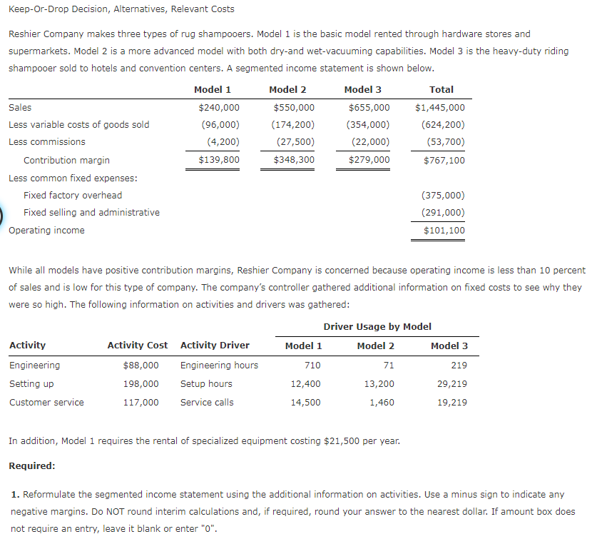 Keep-Or-Drop Decision, Alternatives, Relevant Costs
Reshier Company makes three types of rug shampooers. Model 1 is the basic model rented through hardware stores and
supermarkets. Model 2 is a more advanced model with both dry-and wet-vacuuming capabilities. Model 3 is the heavy-duty riding
shampooer sold to hotels and convention centers. A segmented income statement is shown below.
Model 1
Model 2
Model 3
Total
Sales
$240,000
$550,000
$655,000
$1,445,000
Less variable costs of goods sold
(96,000)
(174,200)
(354,000)
(624,200)
Less commissions
(4,200)
(27,500)
(22,000)
(53,700)
Contribution margin
$139,800
$348,300
$279,000
$767,100
Less common fixed expenses:
Fixed factory overhead
(375,000)
Fixed selling and administrative
(291,000)
Operating income
$101,100
While all models have positive contribution margins, Reshier Company is concerned because operating income is less than 10 percent
of sales and is low for this type of company. The company's controller gathered additional information on fixed costs to see why they
were so high. The following information on activities and drivers was gathered:
Driver Usage by Model
Activity
Activity Cost
Activity Driver
Model 1
Model 2
Model 3
Engineering
$88,000
Engineering hours
710
71
219
Setting up
198,000
Setup hours
12,400
13,200
29,219
Customer service
117,000
Service calls
14,500
1,460
19,219
In addition, Model 1 requires the rental of specialized equipment costing $21,500 per year.
Required:
1. Reformulate the segmented income statement using the additional information on activities. Use a minus sign to indicate any
negative margins. Do NOT round interim calculations and, if required, round your answer to the nearest dollar. If amount box does
not require an entry, leave it blank or enter "0".