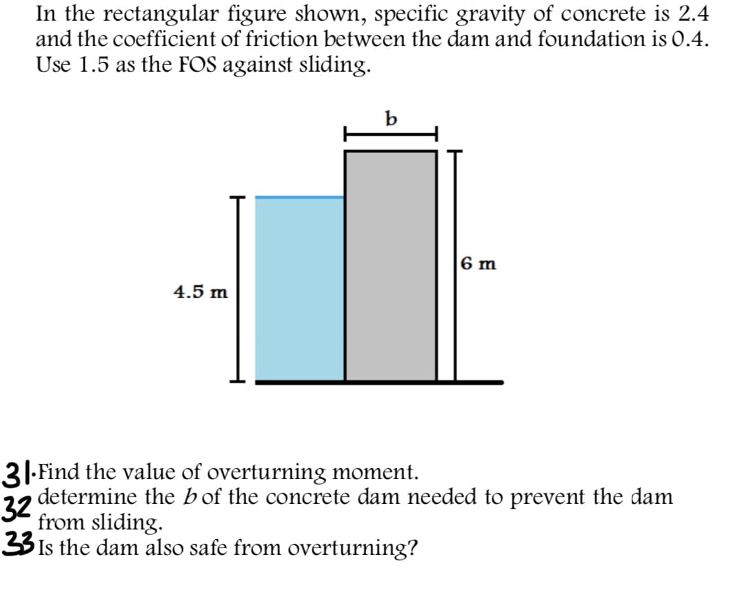 In the rectangular figure shown, specific gravity of concrete is 2.4
and the coefficient of friction between the dam and foundation is 0.4.
Use 1.5 as the FOS against sliding.
b
6 m
4.5 m
31-Find the value of overturning moment.
27 determine the bof the concrete dam needed to prevent the dam
from sliding.
33 Is the dam also safe from overturning?
