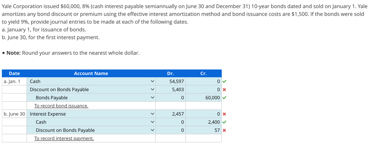 Yale Corporation issued $60,000, 8% (cash interest payable semiannually on June 30 and December 31) 10-year bonds dated and sold on January 1. Yale
amortizes any bond discount or premium using the effective interest amortization method and bond issuance costs are $1,500. If the bonds were sold
to yield 9%, provide journal entries to be made at each of the following dates.
a. January 1, for issuance of bonds.
b. June 30, for the first interest payment.
• Note: Round your answers to the nearest whole dollar.
Date
a. Jan. 1
Account Name
Cash
Discount on Bonds Payable
Bonds Payable
To record bond issuance.
b. June 30 Interest Expense
Cash
Discount on Bonds Payable
To record interest payment.
Dr.
54,597
5,403
0
2,457
0
0
Cr.
0
0x
60,000
0 x
2,400
57 X