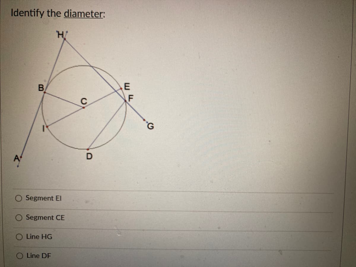 Identify the diameter:
H/
B
Segment El
Segment CE
Line HG
Line DF
