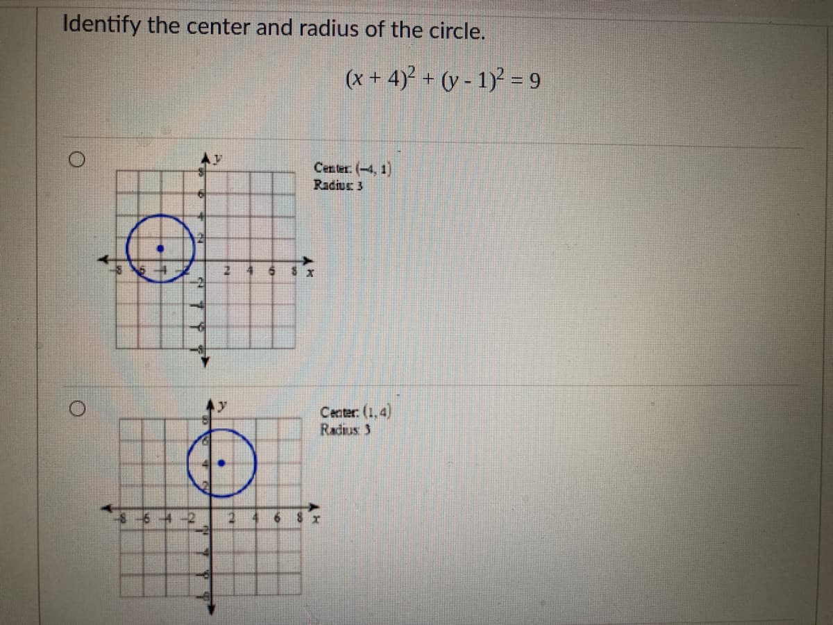 Identify the center and radius of the circle.
(x + 4)? + (y - 1)² = 9
Center. (-4, 1)
Radius 3
Center: (1,4)
Radius 3
-34-2
2 4
8 x
