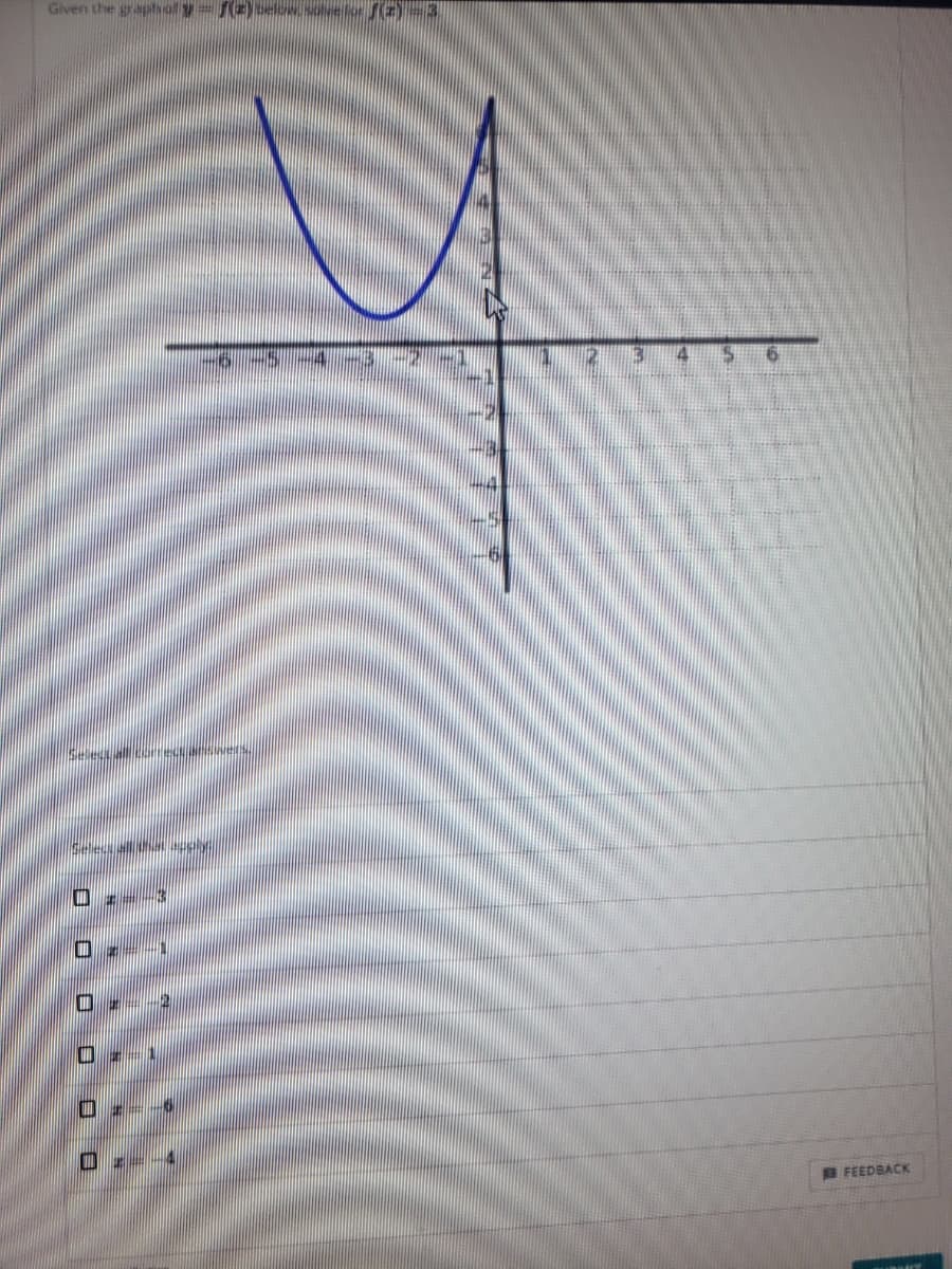 Given the graphof y-f(z)below.solvefor f(z-3
O 1--3
B FEEDBACK
O O O O O O
