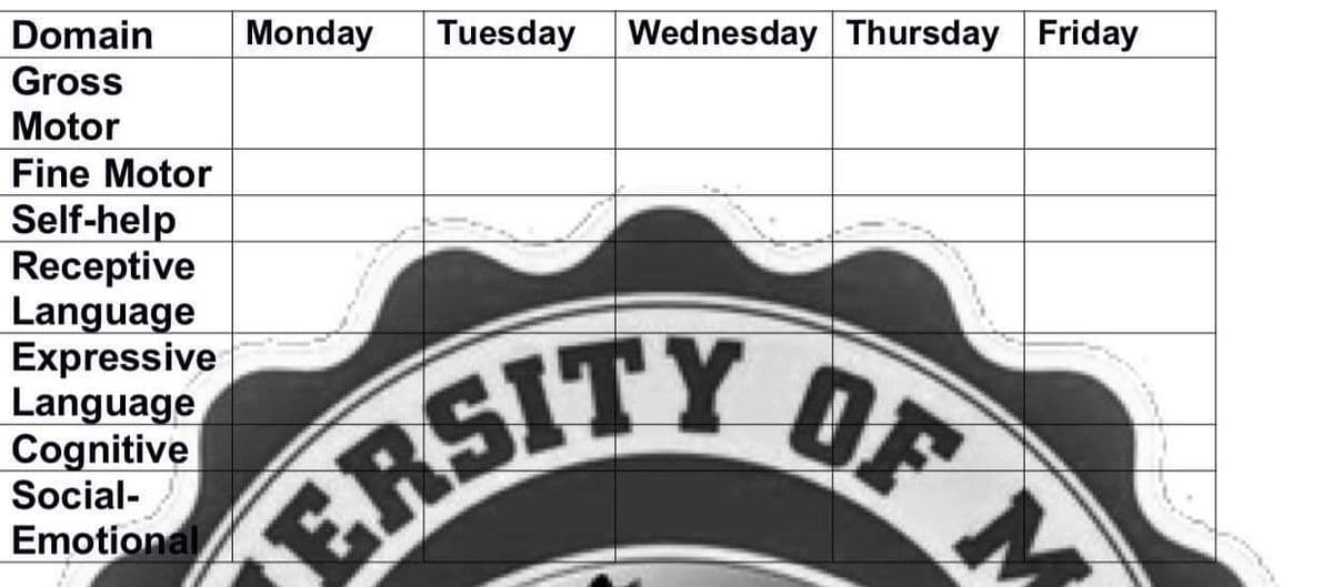 Domain
Monday
Tuesday Wednesday Thursday Friday
Gross
Motor
Fine Motor
Self-help
Receptive
Language
Expressive
Language
Cognitive
Social-
OF M
ERSITY
Emotional
