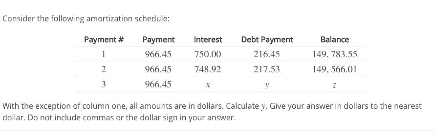 Consider the following amortization schedule:
Payment #
Payment
1
966.45
2
966.45
3
966.45
Interest
750.00
748.92
X
Debt Payment
216.45
217.53
y
Balance
149, 783.55
149, 566.01
Z
With the exception of column one, all amounts are in dollars. Calculate y. Give your answer in dollars to the nearest
dollar. Do not include commas or the dollar sign in your answer.