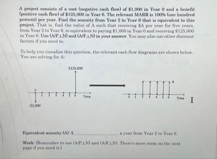 A project consists of a cost (negative cash flow) of $1,000 in Year 0 and a benefit
(positive cash flow) of $125,000 in Year 6. The relevant MARR is 100% (one hundred
percent) per year. Find the annuity from Year 2 to Year 6 that is equivalent to this
project. That is, find the value of A such that receiving $A per year for five years,
from Year 2 to Year 6, is equivalent to paying $1,000 in Year 0 and receiving $125,000
in Year 6. Use (A/P,i,N) and (A/F,i,N) in your answer. You may also use other discount
factors if you need to.
To help you visualize this question, the relevant cash flow diagrams are shown below.
You are solving for A:
-$1,000
$125,000
Time
Time I
Equivalent annuity (A): $
a year from Year 2 to Year 6.
Work (Remember to use (A/P,i,N) and (A/F,i,N). There's more room on the next
page if you need it.)