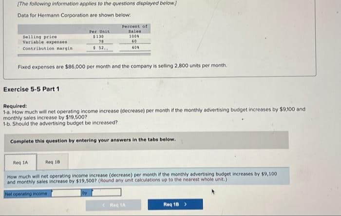 [The following information applies to the questions displayed below.]
Data for Hermann Corporation are shown below:
Selling price
Variable expenses
Contribution margin
Per Unit
$130
78
$ 52..
Percent of
Sales
100%
60
40%
Fixed expenses are $86,000 per month and the company is selling 2,800 units per month.
Exercise 5-5 Part 1
Required:
1-a. How much will net operating income increase (decrease) per month if the monthly advertising budget increases by $9,100 and
monthly sales increase by $19,500?
1-b. Should the advertising budget be increased?
Complete this question by entering your answers in the tabs below.
Req 1A
Req 18
How much will net operating income increase (decrease) per month if the monthly advertising budget increases by $9,100
and monthly sales increase by $19,500? (Round any unit calculations up to the nearest whole unit.)
Net operating income
by
<Reg 1A
Req 18 >