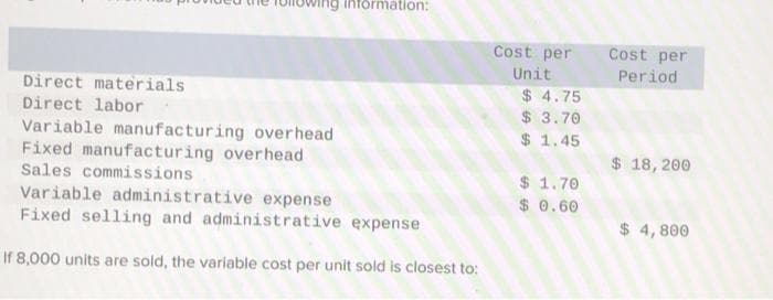 Direct materials
Direct labor
Variable manufacturing overhead
Fixed manufacturing overhead
Sales commissions
information:
Variable administrative expense
Fixed selling and administrative expense
If 8,000 units are sold, the variable cost per unit sold is closest to:
Cost per
Unit
$4.75
$ 3.70
$1.45
$ 1.70
$ 0.60
Cost per
Period
$ 18, 200
$ 4,800