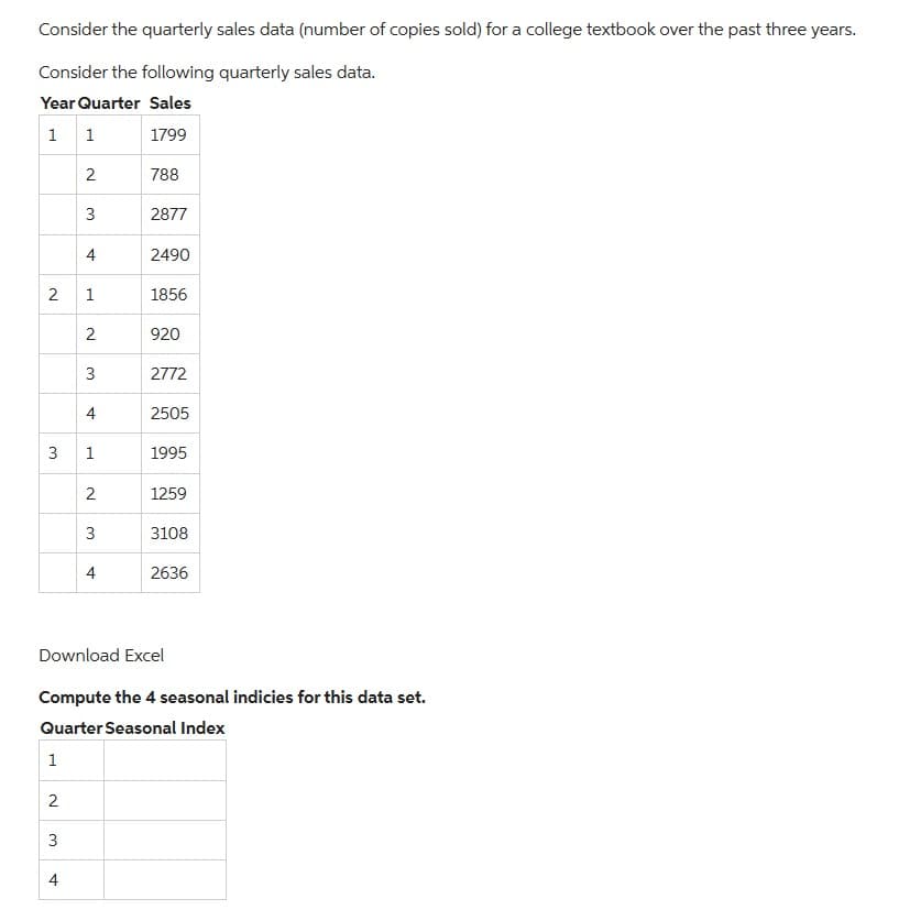 Consider the quarterly sales data (number of copies sold) for a college textbook over the past three years.
Consider the following quarterly sales data.
Year Quarter Sales
11
1799
788
3
2
2 1
2
3
3
4
4
2
3
4
1
2
3
4
2877
2490
1856
920
2772
2505
1995
1259
Download Excel
Compute the 4 seasonal indicies for this data set.
Quarter Seasonal Index
1
3108
2636