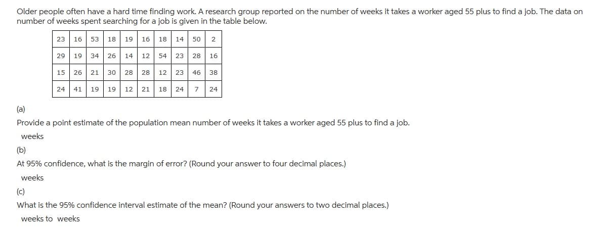 Older people often have a hard time finding work. A research group reported on the number of weeks it takes a worker aged 55 plus to find a job. The data on
number of weeks spent searching for a job is given in the table below.
23 16 53
18 19 16 18 14 50 2
29
19 34 26 14 12 54 23 28 16
15 26 21 30 28 28 12 23 46 38
24 41 19 19 12 21 18 24 7
24
(a)
Provide a point estimate of the population mean number of weeks it takes a worker aged 55 plus to find a job.
weeks
(b)
At 95% confidence, what is the margin of error? (Round your answer to four decimal places.)
weeks
(c)
What is the 95% confidence interval estimate of the mean? (Round your answers to two decimal places.)
weeks to weeks