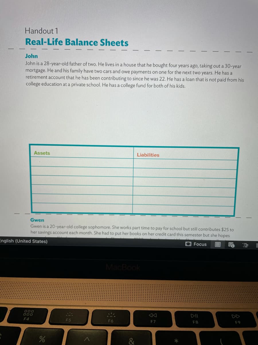 Handout 1
Real-Life Balance Sheets
John
John is a 28-year-old father of two. He lives in a house that he bought four years ago, taking out a 30-year
mortgage. He and his family have two cars and owe payments on one for the next two years. He has a
retirement account that he has been contributing to since he was 22. He has a loan that is not paid from his
college education at a private school. He has a college fund for both of his kids.
Assets
Liabilities
Gwen
Gwen is a 20-year-old college sophomore. She works part time to pay for school but still contributes $25 to
her savings account each month. She had to put her books on her credit card this semester but she hopes
English (United States)
O Focus
MacBook
O00
000
DD
F4
F5
F6
F7
F8
F9
&
