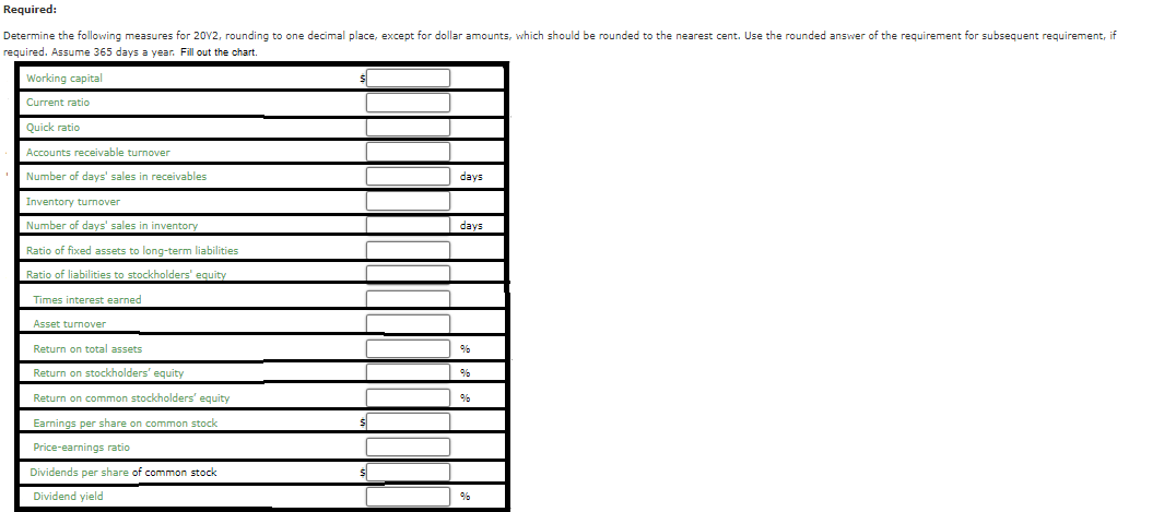 Required:
Determine the following measures for 20Y2, rounding to one decimal place, except for dollar amounts, which should be rounded to the nearest cent. Use the rounded answer of the requirement for subsequent requirement, if
required. Assume 365 days a year. Fill out the chart.
Working capital
Current ratio
Quick ratio
Accounts receivable turnover
Number of days' sales in receivables
days
Inventory turnover
Number of days' sales in inventory
days
Ratio of fixed assets to long-term liabilities
Ratio of liabilities to stockholders' equity
Times interest earned
Asset turnover
Return on total assets
%
Return on stockholders' equity
%
Return on common stockholders' equity
Earnings per share on common stock
Price-earnings ratio
Dividends per share of common stock
Dividend yield
%
