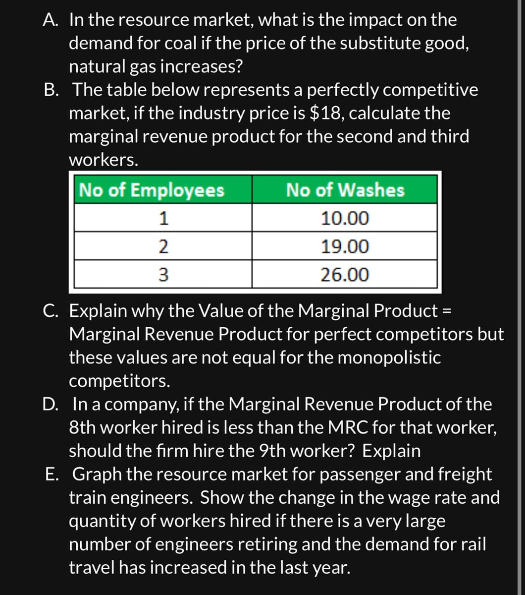 A. In the resource market, what is the impact on the
demand for coal if the price of the substitute good,
natural gas increases?
B. The table below represents a perfectly competitive
market, if the industry price is $18, calculate the
marginal revenue product for the second and third
workers.
No of Employees
1
2
3
No of Washes
10.00
19.00
26.00
C. Explain why the Value of the Marginal Product
Marginal Revenue Product for perfect competitors but
these values are not equal for the monopolistic
competitors.
D. In a company, if the Marginal Revenue Product of the
8th worker hired is less than the MRC for that worker,
should the firm hire the 9th worker? Explain
E. Graph the resource market for passenger and freight
train engineers. Show the change in the wage rate and
quantity of workers hired if there is a very large
number of engineers retiring and the demand for rail
travel has increased in the last year.
=