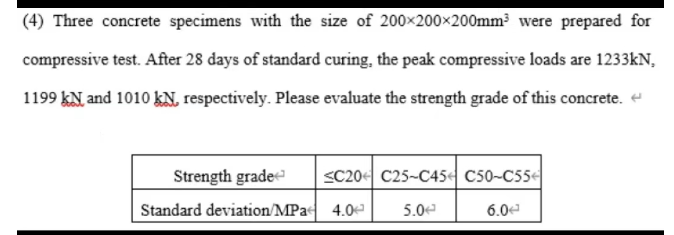 (4) Three concrete specimens with the size of 200x200x200mm³ were prepared for
compressive test. After 28 days of standard curing, the peak compressive loads are 1233kN,
1199 kN and 1010 kN, respectively. Please evaluate the strength grade of this concrete.
Strength grade <C204 C25-C454 C50-C554
Standard deviation/MPa 4.0
5.0
6.0