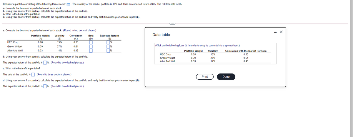 Consider a portfolio consisting of the following three stocks: E The volatility of the market portfolio is 10% and it has an expected return of 8%. The risk-free rate is 3%.
a. Compute the beta and expected return of each stock.
b. Using your answer from part (a), calculate the expected return of the portfolio.
c. What is the beta of the portfolio?
d. Using your answer from part (c), calculate the expected return of the portfolio and verify that it matches your answer to part (b).
a. Compute the beta and expected return of each stock. (Round to two decimal places.)
TITLT
Data table
Portfolio Weight
(A)
Volatility
(B)
Correlation
(C)
Expected Return
(E)
%
Beta
(D)
НЕС Согр
0.28
13%
0.33
Green Widget
(Click on the following icon a in order to copy its contents into a spreadsheet.)
0.39
27%
0.61
%
Portfolio Weight
Alive And Well
0.33
14%
0.43
Volatility
13%
Correlation with the Market Portfolio
НЕС Согр
Green Widget
0.28
0.33
b. Using your answer from part (a), calculate the expected return of the portfolio.
0.39
27%
0.61
Alive And Well
0.33
14%
0.43
The expected return of the portfolio is %. (Round to two decimal places.)
c. What is the beta of the portfolio?
The beta of the portfolio is. (Round to three decimal places.)
Print
Done
d. Using your answer from part (c), calculate the expected return of the portfolio and verify that it matches your answer to part (b).
The expected return of the portfolio is %. (Round to two decimal places.)
