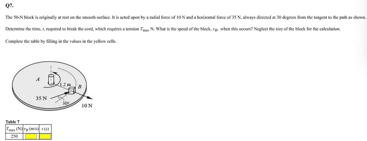 Q7.
The 50-N block is originally at rest on the smooth surface. It is acted upon by a radial force of 10 N and a horizontal force of 35 N, always directed at 30 degrees from the tangent to the path as shown.
Determine the time, t, required to break the cord, which requires a tension Tmax N. What is the speed of the block, vr, when this occurs? Neglect the size of the block for the calculation.
Complete the table by filling in the values in the yellow cells.
1.2 m
35 N
30°
10 N
Table 7
Tmax (N) VB (m/s) t (s)
250
