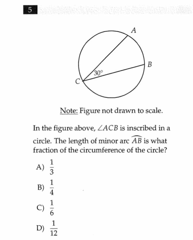 5
A
В
30
C
Note: Figure not drawn to scale.
In the figure above, ZACB is inscribed in a
circle. The length of minor arc AB is what
fraction of the circumference of the circle?
1
A)
3
1
B)
1
1
D)
12
