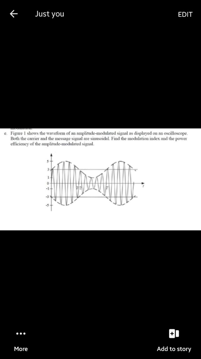 Just you
EDIT
e. Figure 1 shows the waveform of an amplitude-modulated signal as displayed on an oscilloscope.
Both the carrier and the message signal are sinusoidal. Find the modulation index and the power
efficiency of the amplitude-modulated signal.
-1-
More
Add to story
