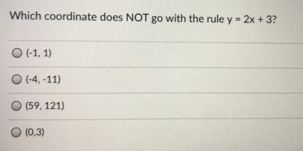 Which coordinate does NOT go with the rule y = 2x + 3?
O (-1, 1)
O (-4, -11)
O (59, 121)
(0,3)
