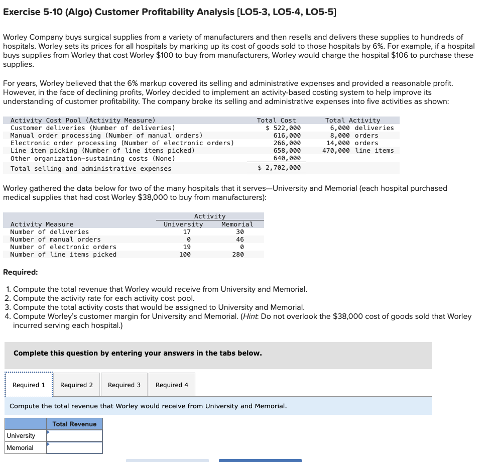 Exercise 5-10 (Algo) Customer Profitability Analysis [LO5-3, LO5-4, LO5-5]
Worley Company buys surgical supplies from a variety of manufacturers and then resells and delivers these supplies to hundreds of
hospitals. Worley sets its prices for all hospitals by marking up its cost of goods sold to those hospitals by 6%. For example, if a hospital
buys supplies from Worley that cost Worley $100 to buy from manufacturers, Worley would charge the hospital $106 to purchase these
supplies.
For years, Worley believed that the 6% markup covered its selling and administrative expenses and provided a reasonable profit.
However, in the face of declining profits, Worley decided to implement an activity-based costing system to help improve its
understanding of customer profitability. The company broke its selling and administrative expenses into five activities as shown:
Activity Cost Pool (Activity Measure)
Customer deliveries (Number of deliveries)
Manual order processing (Number of manual orders)
Electronic order processing (Number of electronic orders)
Line item picking (Number of line items picked)
Other organization-sustaining costs (None)
Total selling and administrative expenses
Worley gathered the data below for two of the many hospitals that it serves-University and Memorial (each hospital purchased
medical supplies that had cost Worley $38,000 to buy from manufacturers):
Required 1 Required 2
University
17
University
Memorial
0
Total Revenue
Activity
Activity Measure
Number of deliveries.
Number of manual orders
Number of electronic orders
Number of line items picked
Required:
1. Compute the total revenue that Worley would receive from University and Memorial.
2. Compute the activity rate for each activity cost pool.
3. Compute the total activity costs that would be assigned to University and Memorial.
4. Compute Worley's customer margin for University and Memorial. (Hint. Do not overlook the $38,000 cost of goods sold that Worley
incurred serving each hospital.)
19
100
Memorial
30
46
Required 3 Required 4
Total Cost
Complete this question by entering your answers in the tabs below.
$ 522,000
616,000
266,000
658,000
640,000
$ 2,702,000
0
280
Compute the total revenue that Worley would receive from University and Memorial.
Total Activity
6,000 deliveries
8,000 orders
14,000 orders
470,000 line items.