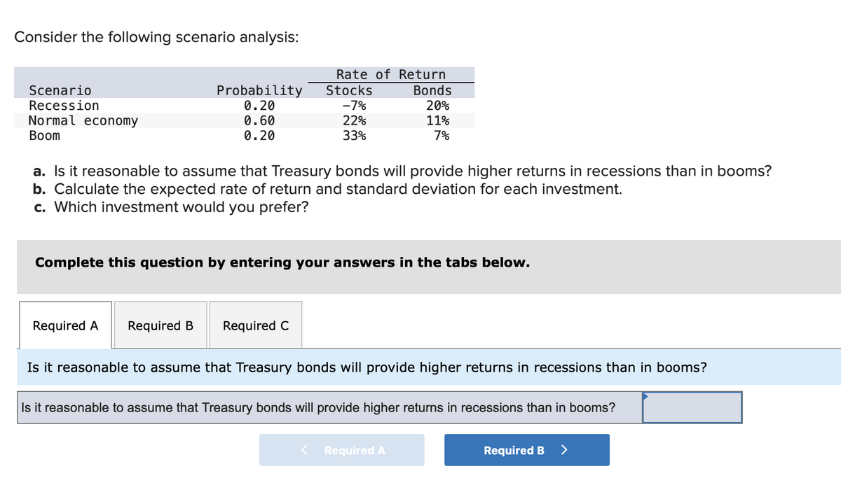 Consider the following scenario analysis:
Scenario
Recession
Normal economy
Boom
Probability
0.20
0.60
0.20
Rate of Return
Stocks
-7%
22%
33%
a. Is it reasonable to assume that Treasury bonds will provide higher returns in recessions than in booms?
b. Calculate the expected rate of return and standard deviation for each investment.
c. Which investment would you prefer?
Required A Required B Required C
Bonds
20%
11%
7%
Complete this question by entering your answers in the tabs below.
Is it reasonable to assume that Treasury bonds will provide higher returns in recessions than in booms?
Is it reasonable to assume that Treasury bonds will provide higher returns in recessions than in booms?
Required A
Required B >