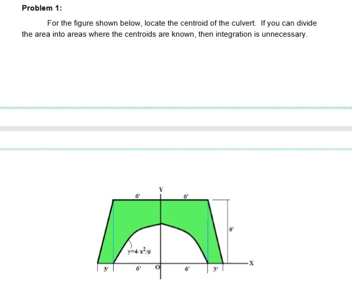 Problem 1:
For the figure shown below, locate the centroid of the culvert. If you can divide
the area into areas where the centroids are known, then integration is unnecessary.
6'
