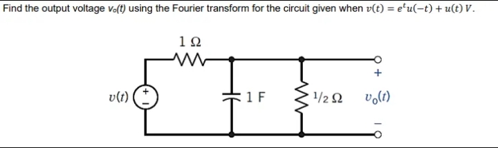 Find the output voltage vo(t) using the Fourier transform for the circuit given when v(t) = e'u(-t) + u(t) V.
192
v(t)
1 F
1/2 Ω
vo(t)
M