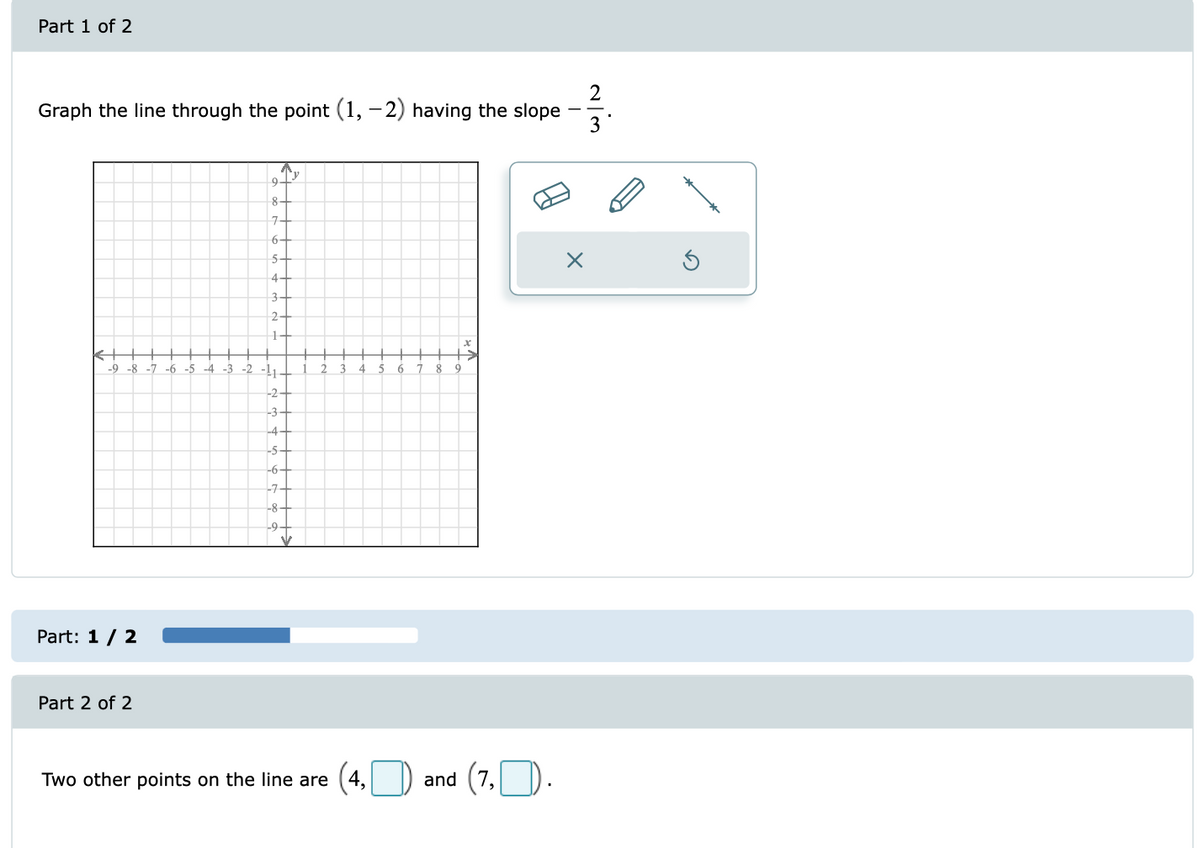 Part 1 of 2
2
Graph the line through the point (1, - 2) having the slope
3
8-
구
6-
4-
2-
1-
-8
-7
-6 -5 -4 -3
-2 -l1
3
4
6
9
-2-
-3
-4
-5구
-6-
-7-
-8
-9구
Part: 1/ 2
Part 2 of 2
and (7,D.
Two other points on the line are
4,
