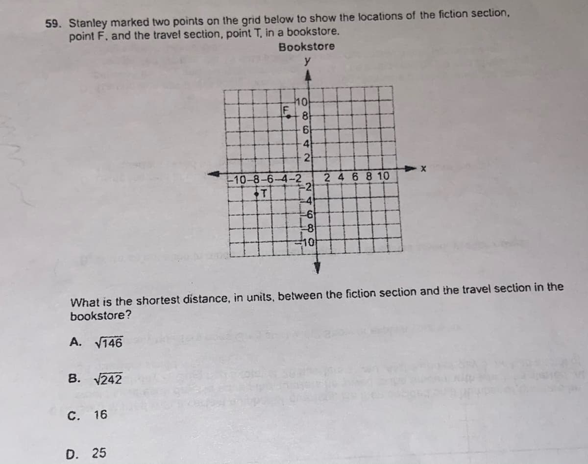 59. Stanley marked two points on the grid below to show the locations of the fiction section,
point F. and the travel section, point T, in a bookstore.
Bookstore
y
10
4
2 468 10
-2
10-8-6-4-2
6
81
10
What is the shortest distance, in units, between the fiction section and the travel section in the
bookstore?
A. V146
B. V242
16
D. 25
C.
